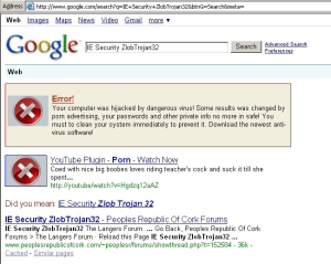Trojan-Loserbar also hooks into IE and generates bogus Google search results, leading to a rogue antispyware product