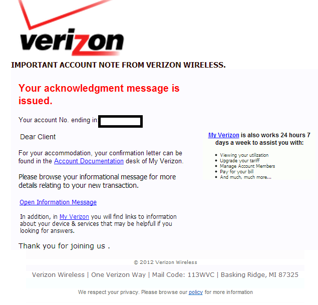 Cybercriminals Impersonate Verizon Wireless Serve Client Side