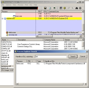 Firesox hooked into Firefox, as seen in Process Explorer